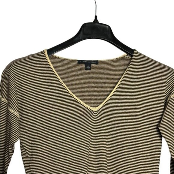 Banana Republic Women’s Sweater Size S V Neck Striped Brown Tan Cotton Angora - Picture 2 of 8